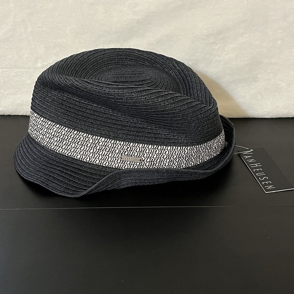 Van Heusen 100% Paper Straw Fedora Hat L XL Blue Woven Band New with Tags